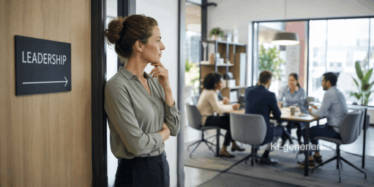 Frau steht zögernd vor Raum, in dem ein Führungskräfteteam rund um einen Tisch sitzt. Auf dem Türschild steht "Leadership"